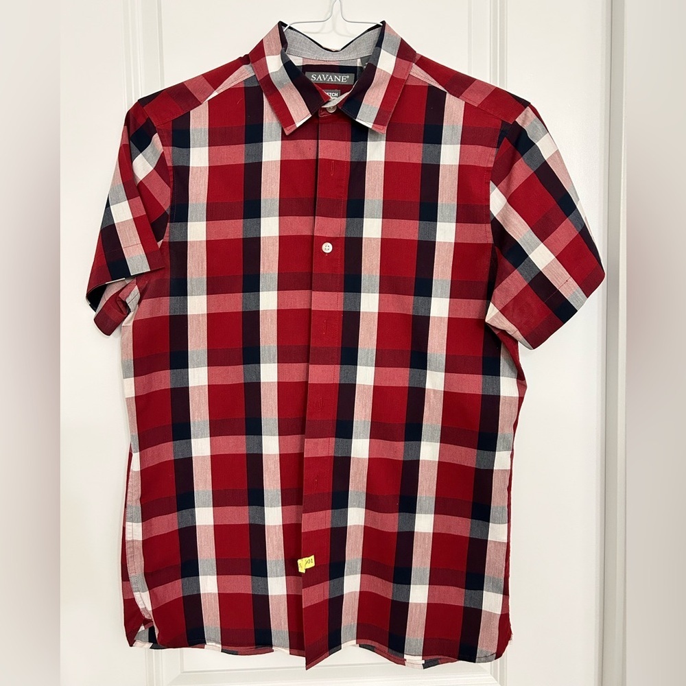 Savane Men’s Red Navy Plaid Short Sleeve Stretch Button-Up Shirt Size Small